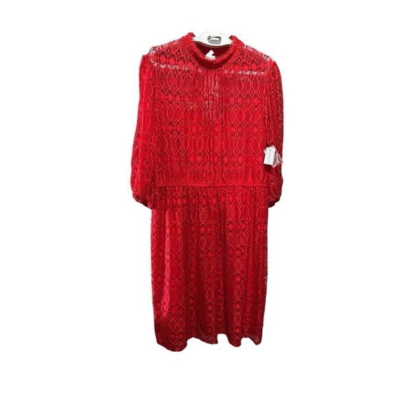 Lane Bryant Plus Size 16 MIDI FIT&FLARE MOCK NECK  RED EMBROIDERY LACE  Dress - Picture 3 of 5